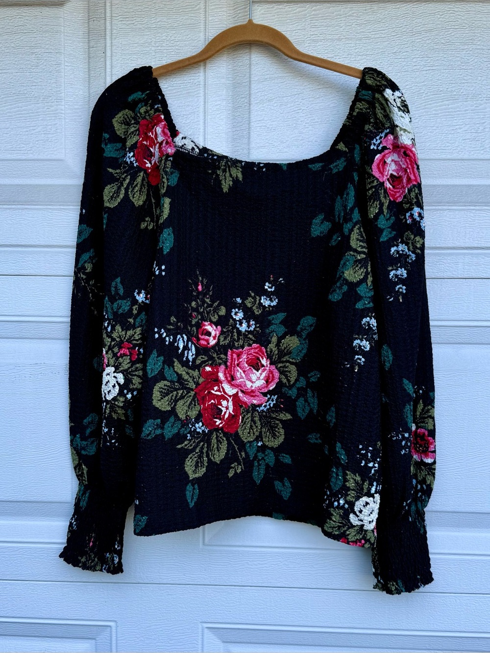 LOFT Black Floral Rose Print Peasant Blouse Large Long Sleeve Smocked Cuff Top - Picture 5 of 8